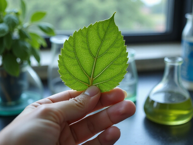 A hand holding a vibrant green leaf amidst a backdrop of scientific glassware, symbolizing natural and scientific integration