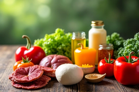 Variety of healthy foods on a wooden table, representing nutrition