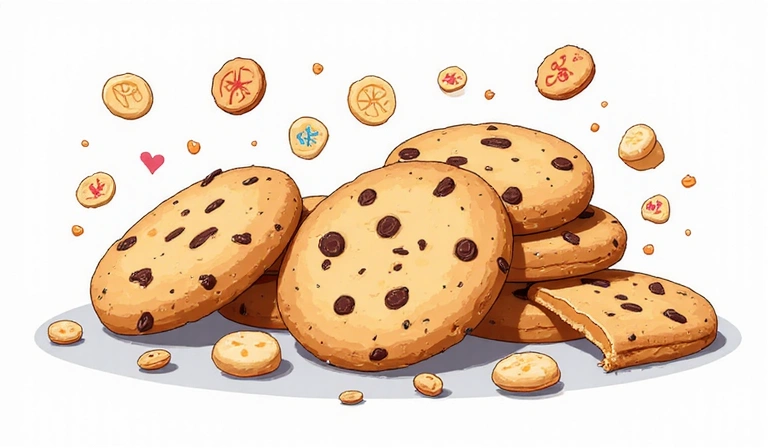 Illustration of various cookies, some represented as digital icons and others as small edible treats, emphasizing data and user experience.