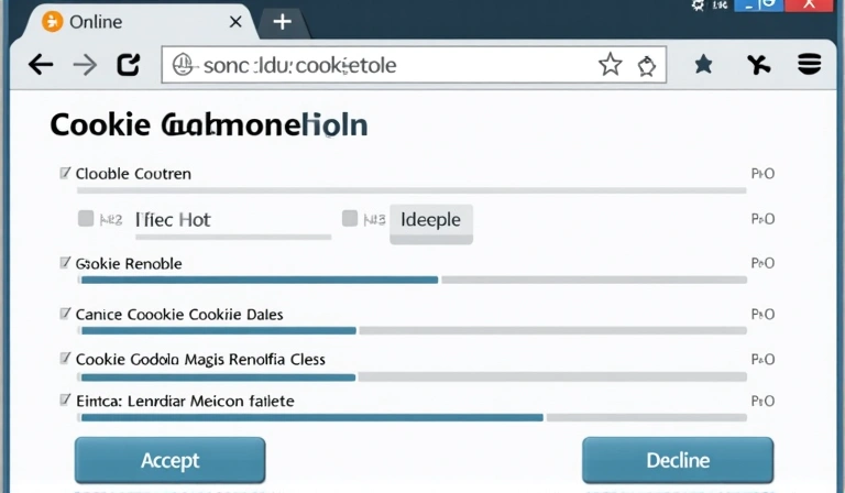 Illustration of a computer screen showing cookie consent options, with sliders or checkboxes for different cookie categories and 'Accept' or 'Decline' buttons.