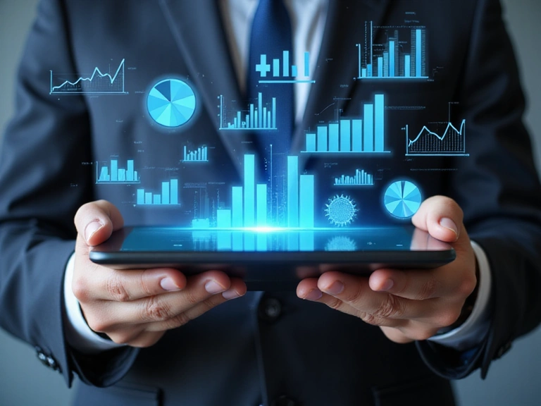 Person analyzing data on a tablet, with charts and graphs floating around, representing data usage insights